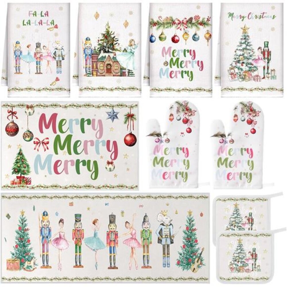 10 Pcs Winter Oven Mitts Pot Holders Kitchen Rug and Towel Set Absorbent Towels